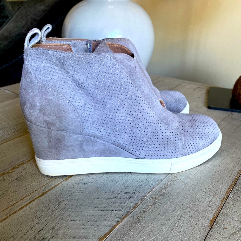 Wedge Sneaker Booties in Light Lavender Suede